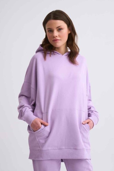 Organik Kapüşonlu Cepli Uzun Kollu Kadın Sweatshirt - Lila Lila - M