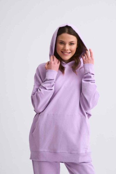 Organik Kapüşonlu Cepli Uzun Kollu Kadın Sweatshirt - Lila Lila - M