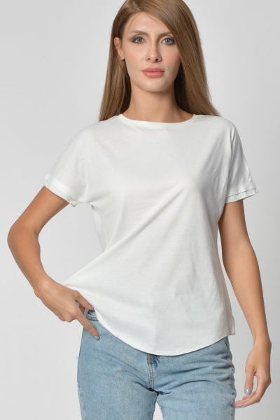 Zegy Kol ve Eteği Sim Detaylı Tişört - Beyaz