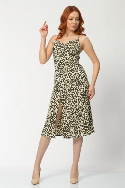 Moda1001 Askılı Önden Yırtmaçlı Leopar Desenli Elbise  - Leopar