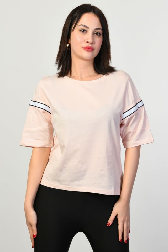 ZEGY Şeritli Kadın Tişört  - Pembe