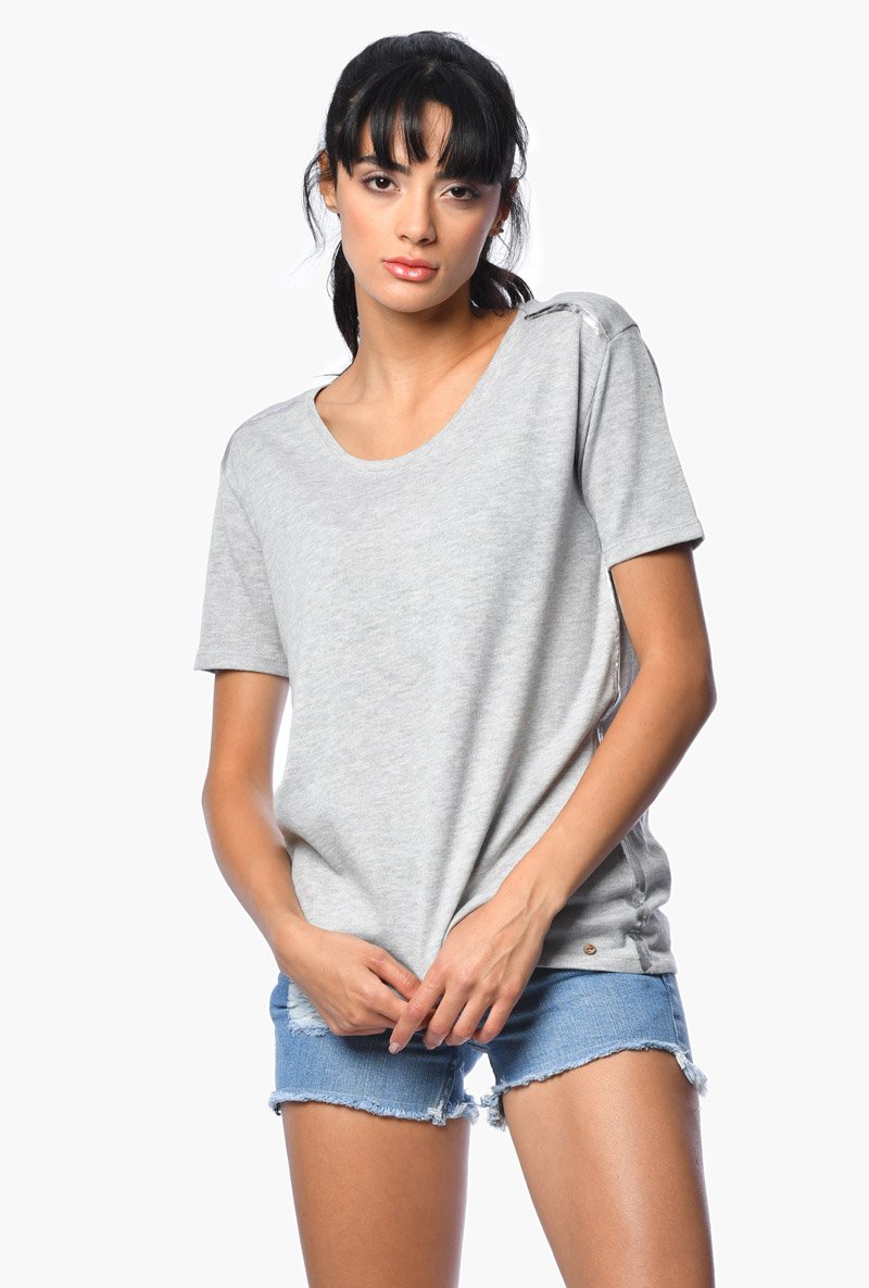 Cotton Candy Omuz ve Yanları Gümüş Bant Kısa Kol Kadın T-Shirt - Grimelanj