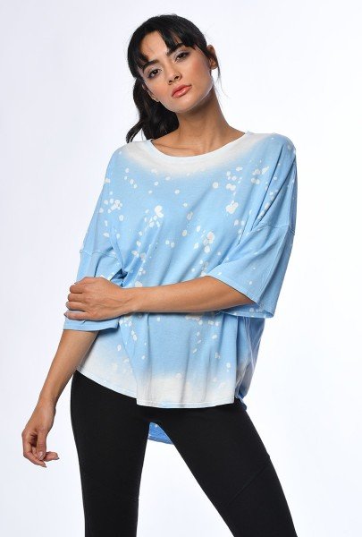 Cotton Candy Sprey Baskı Sırtı Çapraz Kadın T-Shirt - Mavi Batik