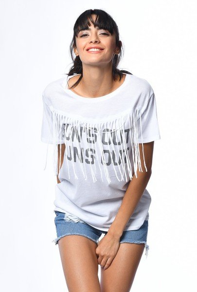 Cotton Candy Püsküllü Kısa Kollu Kadın T-Shirt - Beyaz