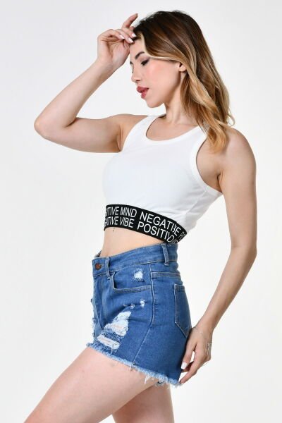 Quzu Lastik Detaylı Crop Top Atlet  - Ekru