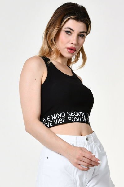 Quzu Lastik Detaylı Crop Top Atlet  - Siyah