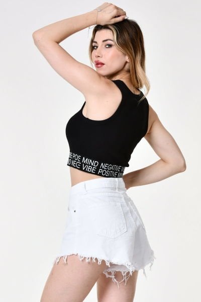 Quzu Lastik Detaylı Crop Top Atlet  - Siyah