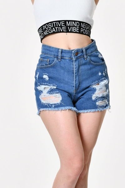 Quzu Yırtık Detaylı Kot Şort   - Mavi