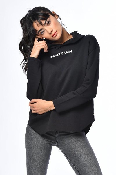 Cotton Candy Kabşonlu Baskılı Kadın Sweatshirt - Siyah