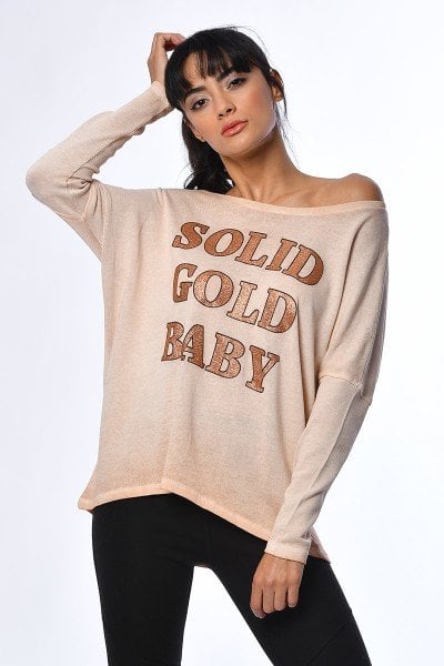 Cotton Candy Baskılı Uzun Kollu Kadın T-Shirt - Turuncu