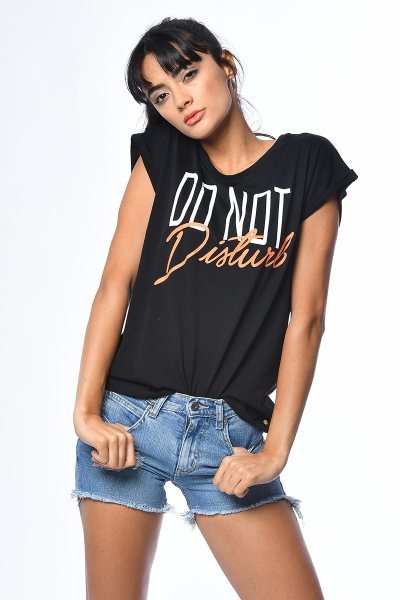 Cotton Candy Baskılı Kısa Kollu Kadın T-Shirt - Siyah