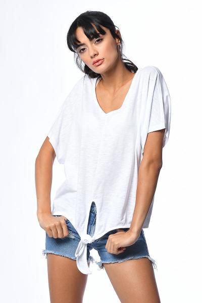 Cotton Candy Eteği Düğüm Detaylı Flamlı Kısa Kollu Kadın T-Shirt - Beyaz