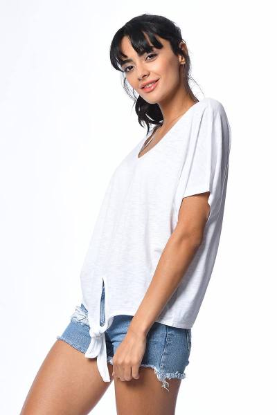 Cotton Candy Eteği Düğüm Detaylı Flamlı Kısa Kollu Kadın T-Shirt - Beyaz