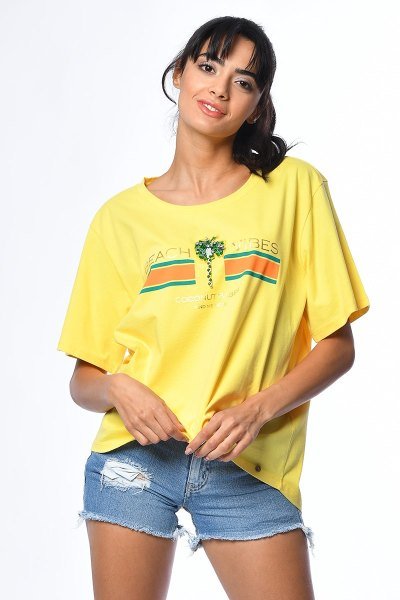Cotton Candy Baskılı ve Boncuk İşlemeli Kısa Kollu Kadın T-Shirt - Sarı