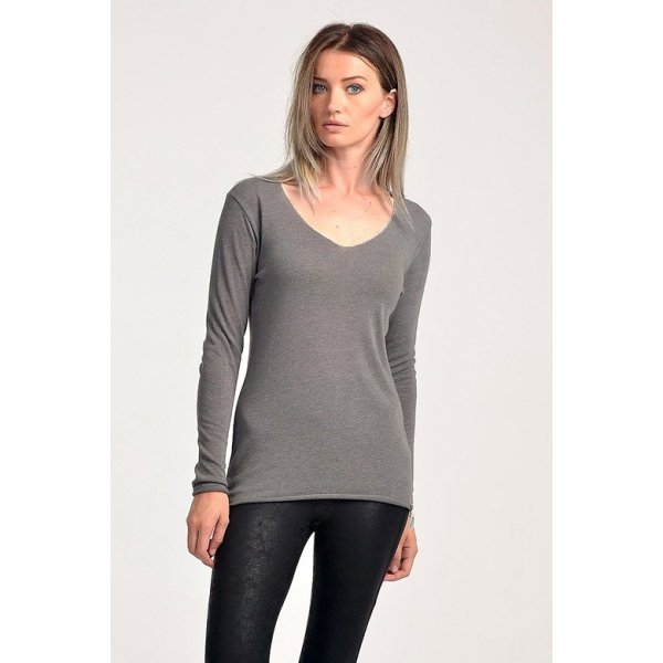 Cotton Candy Sim Dikiş Süslemeli Uzun Kol Kadın T-Shirt - Smoked Grey