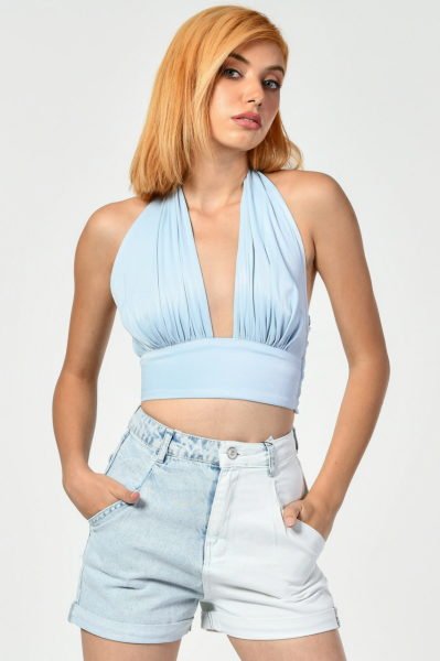 Boyundan Bağlamalı Crop Top  - Mavi
