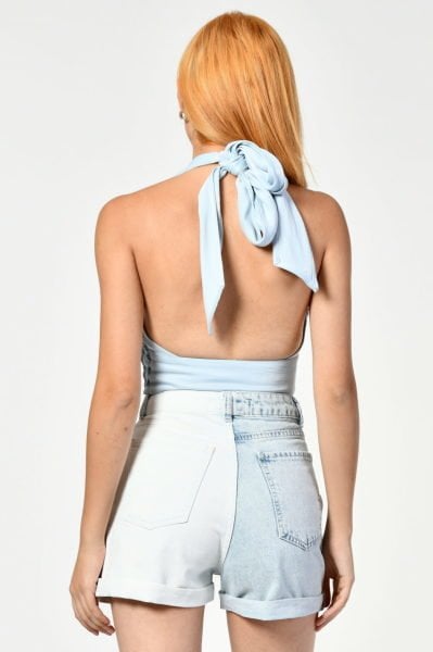Boyundan Bağlamalı Crop Top  - Mavi