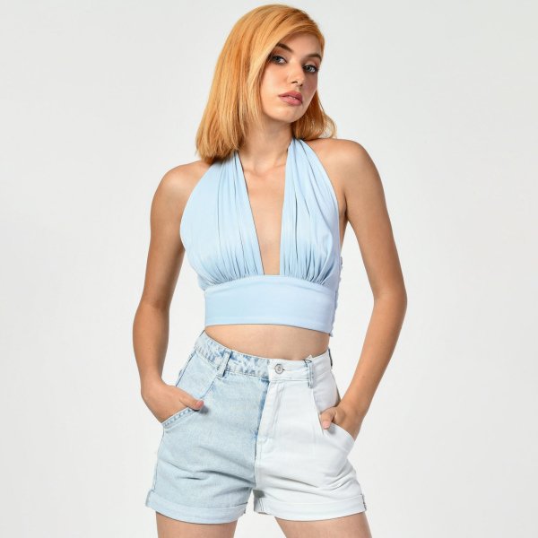 Boyundan Bağlamalı Crop Top  - Mavi