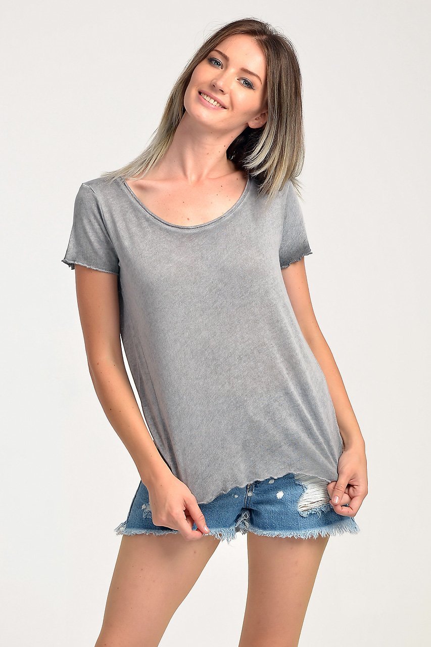 Cotton Candy Triko Görünümlü Kısa Kol Kadın T-Shirt - Smoked Grey
