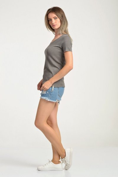 Cotton Candy Sim Dikiş Süslemeli Kısa Kol Kadın T-Shirt - Smoked Grey