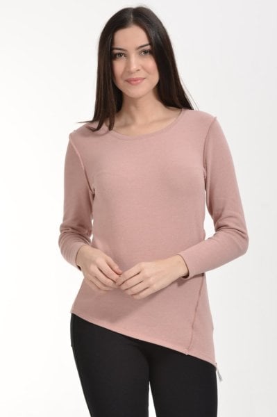 Cotton Candy Asimetrik Dikiş Detaylı Kadın T-Shirt - Pudra