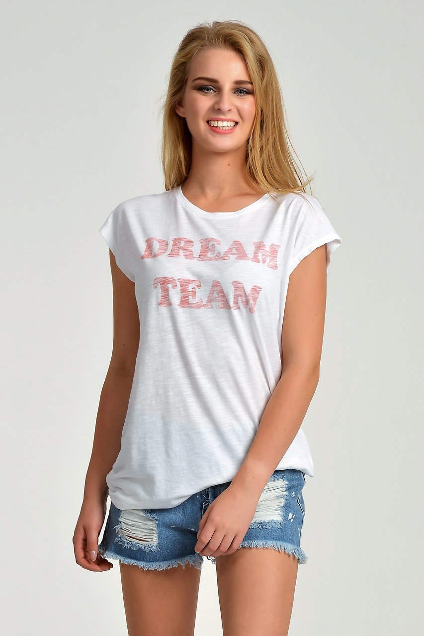 Cotton Candy DREAM TEAM Baskılı Flamlı Düşük Kısa Kol Kadın T-Shirt - Beyaz