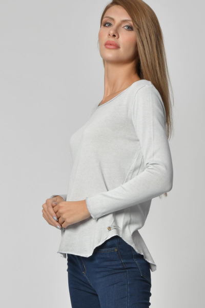 Cotton Candy Yuvarlak Yaka Uzun Kol Kadın T-Shirt - Gri