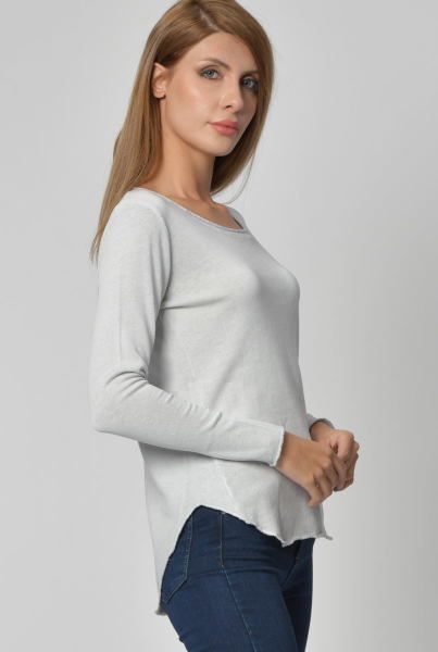 Cotton Candy Yuvarlak Yaka Uzun Kol Kadın T-Shirt - Gri