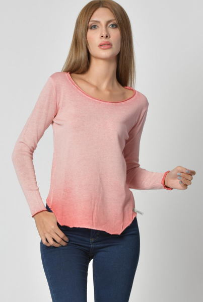 Cotton Candy Yuvarlak Yaka Uzun Kol Kadın T-Shirt - Nar Çiçeği