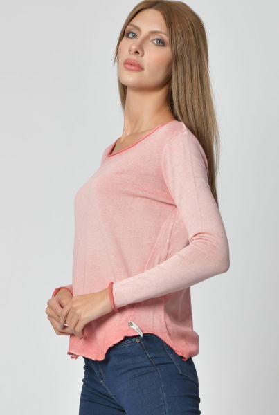 Cotton Candy Yuvarlak Yaka Uzun Kol Kadın T-Shirt - Nar Çiçeği