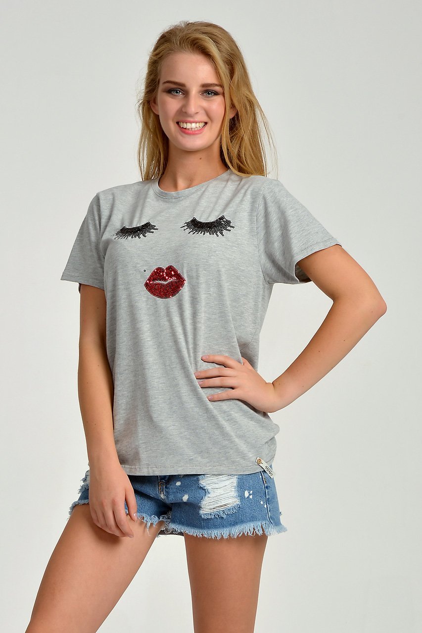 Cotton Candy Gözler & Dudaklar  Kısa Kol Kadın T-Shirt - Gri Melanj