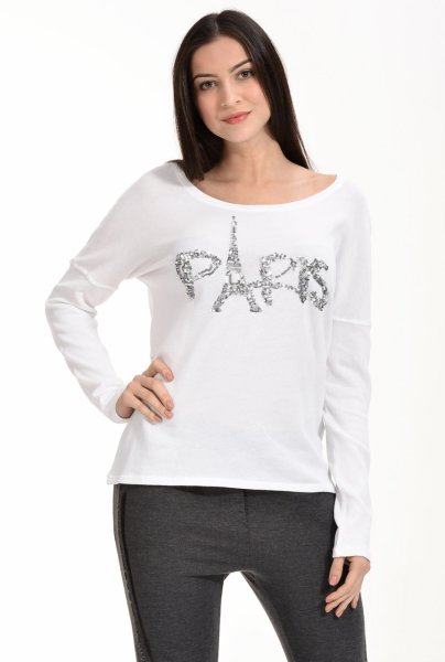 Cotton Candy Paris Pul İşlemeli Uzun Kol Kadın T-Shirt - Beyaz