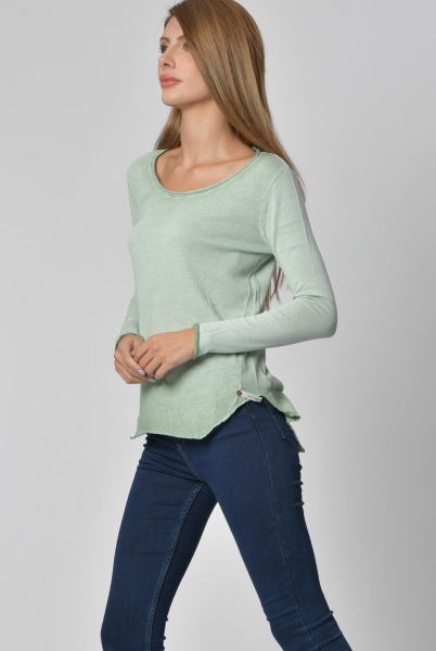 Cotton Candy Yuvarlak Yaka Uzun Kol Kadın T-Shirt - Su Yeşili