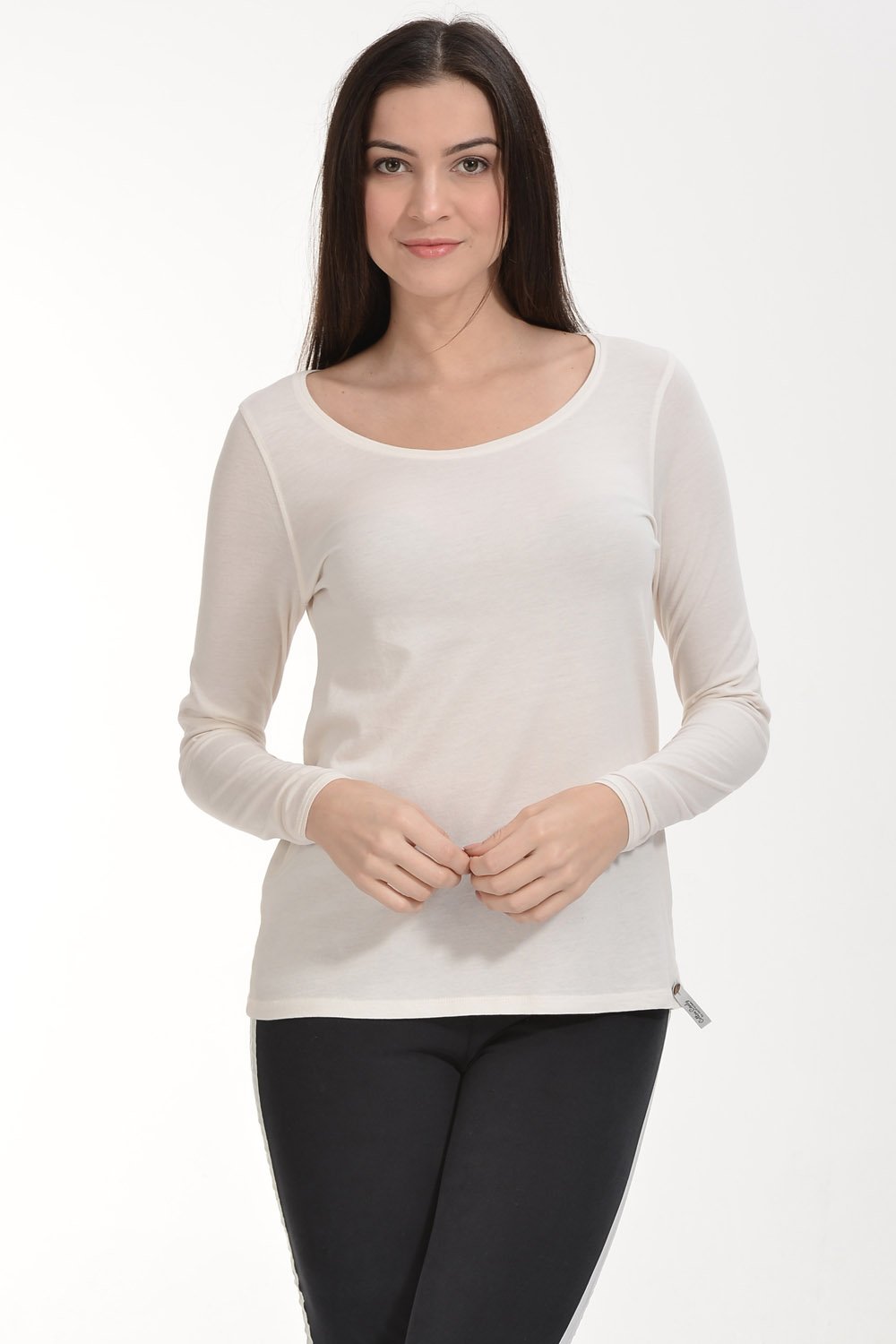 Cotton Candy Yuvarlak Yaka Uzun Kol Basic Kadın T-Shirt - Ekru