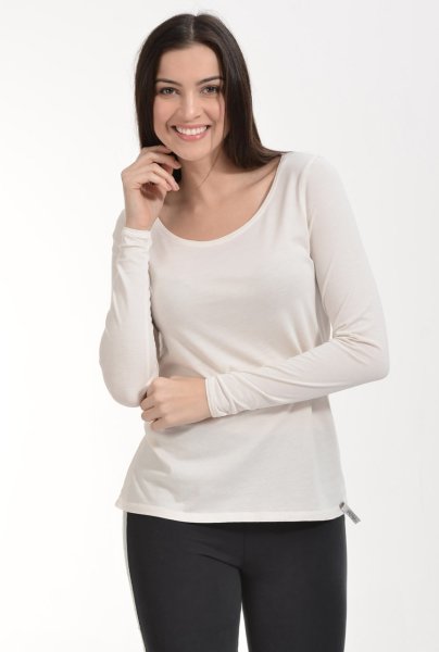 Cotton Candy Yuvarlak Yaka Uzun Kol Basic Kadın T-Shirt - Ekru