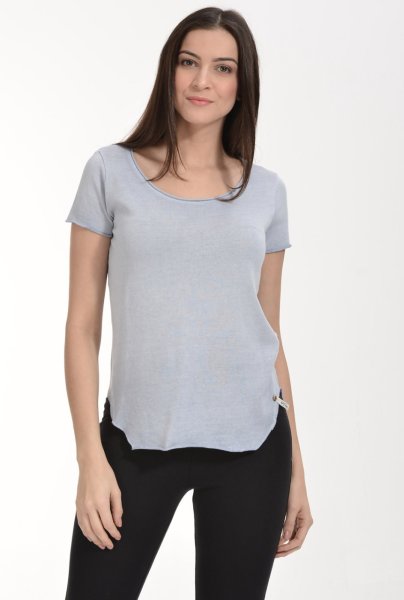Cotton Candy Yağlı Yıkama Kısa Kol Kadın T-Shirt - Buz Grisi