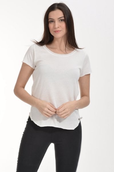 Cotton Candy Yağlı Yıkama Kısa Kol Kadın T-Shirt - Ekru