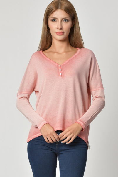 Cotton Candy Düğme Detaylı V Yaka Uzun Kol Kadın T-Shirt - Nar Çiçeği