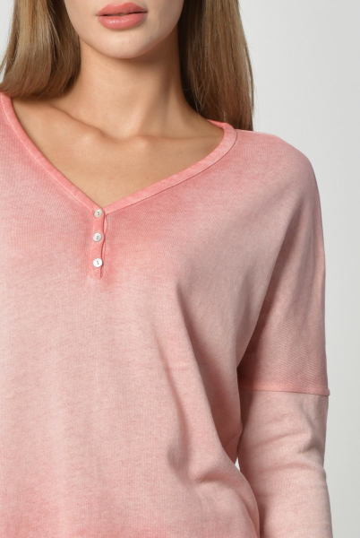 Cotton Candy Düğme Detaylı V Yaka Uzun Kol Kadın T-Shirt - Nar Çiçeği