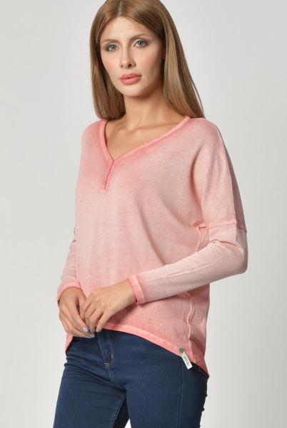 Cotton Candy Düğme Detaylı V Yaka Uzun Kol Kadın T-Shirt - Nar Çiçeği