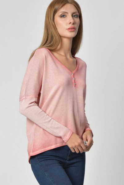 Cotton Candy Düğme Detaylı V Yaka Uzun Kol Kadın T-Shirt - Nar Çiçeği