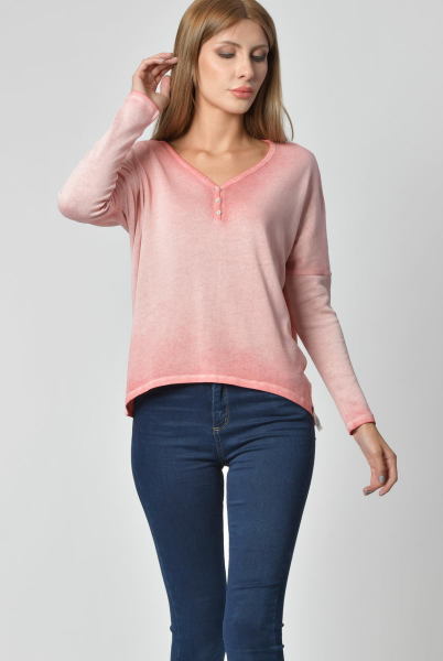 Cotton Candy Düğme Detaylı V Yaka Uzun Kol Kadın T-Shirt - Nar Çiçeği