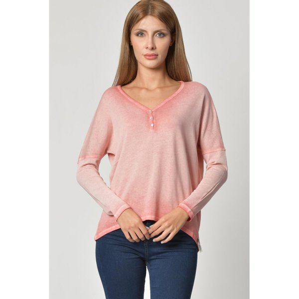 Cotton Candy Düğme Detaylı V Yaka Uzun Kol Kadın T-Shirt - Nar Çiçeği