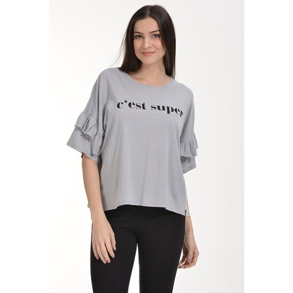 Cotton Candy Kolları Volanlı Yarım Kol Kadın T-Shirt - Buz Grisi