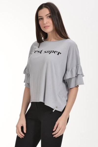 Cotton Candy Kolları Volanlı Yarım Kol Kadın T-Shirt - Buz Grisi