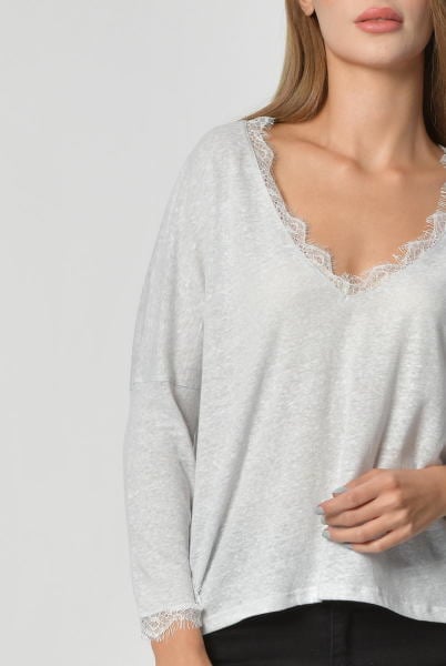 Cotton Candy Yaka ve Kol Dantel Detaylı Uzun Kol Kadın T-Shirt - Gri