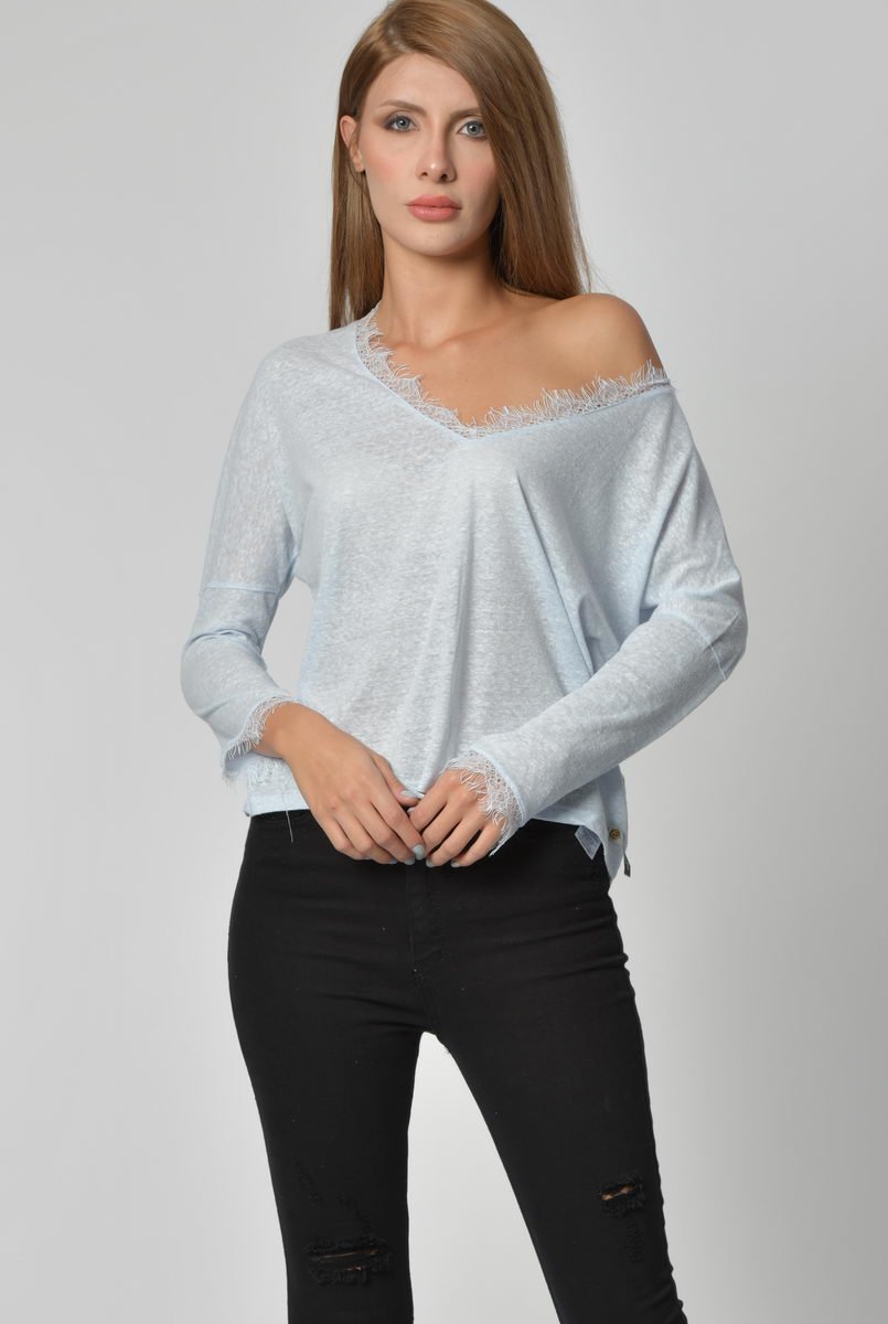Cotton Candy Yaka ve Kol Dantel Detaylı Uzun Kol Kadın T-Shirt - Buz Mavisi