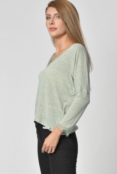 Cotton Candy Yaka ve Kol Dantel Detaylı Uzun Kol Kadın T-Shirt - Su Yeşili