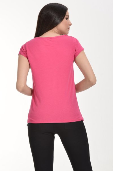 Cotton Candy Yuvarlak Yaka Kısa Kol Basic Kadın T-Shirt - Fuşya