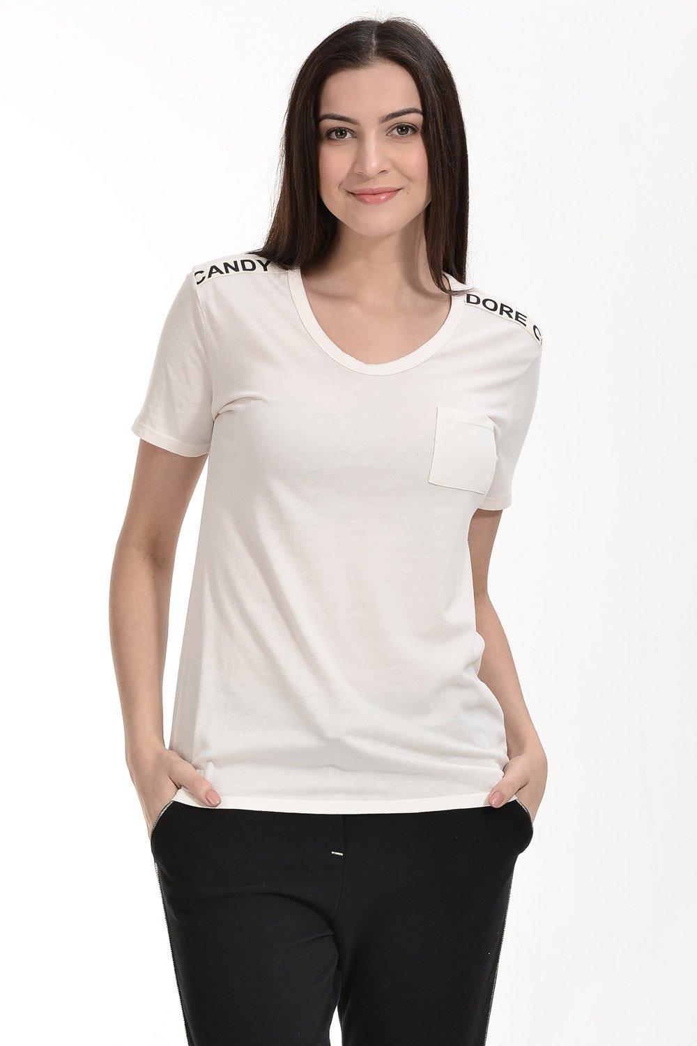 Cotton Candy Omuzları Yazı Bantlı Kısa Kol Kadın T-Shirt - Ekru